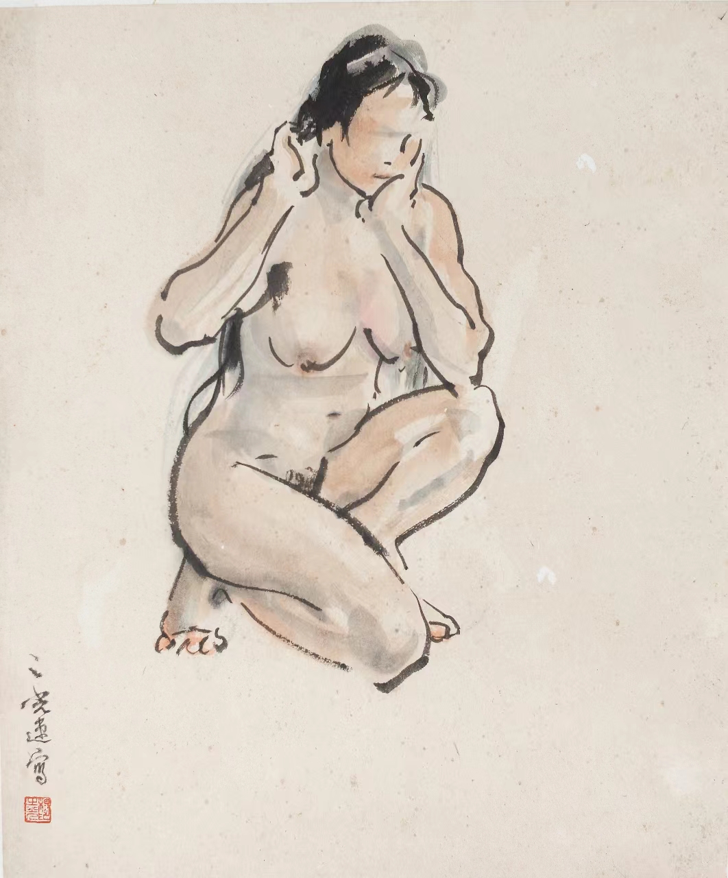 蹲着托脸女人体