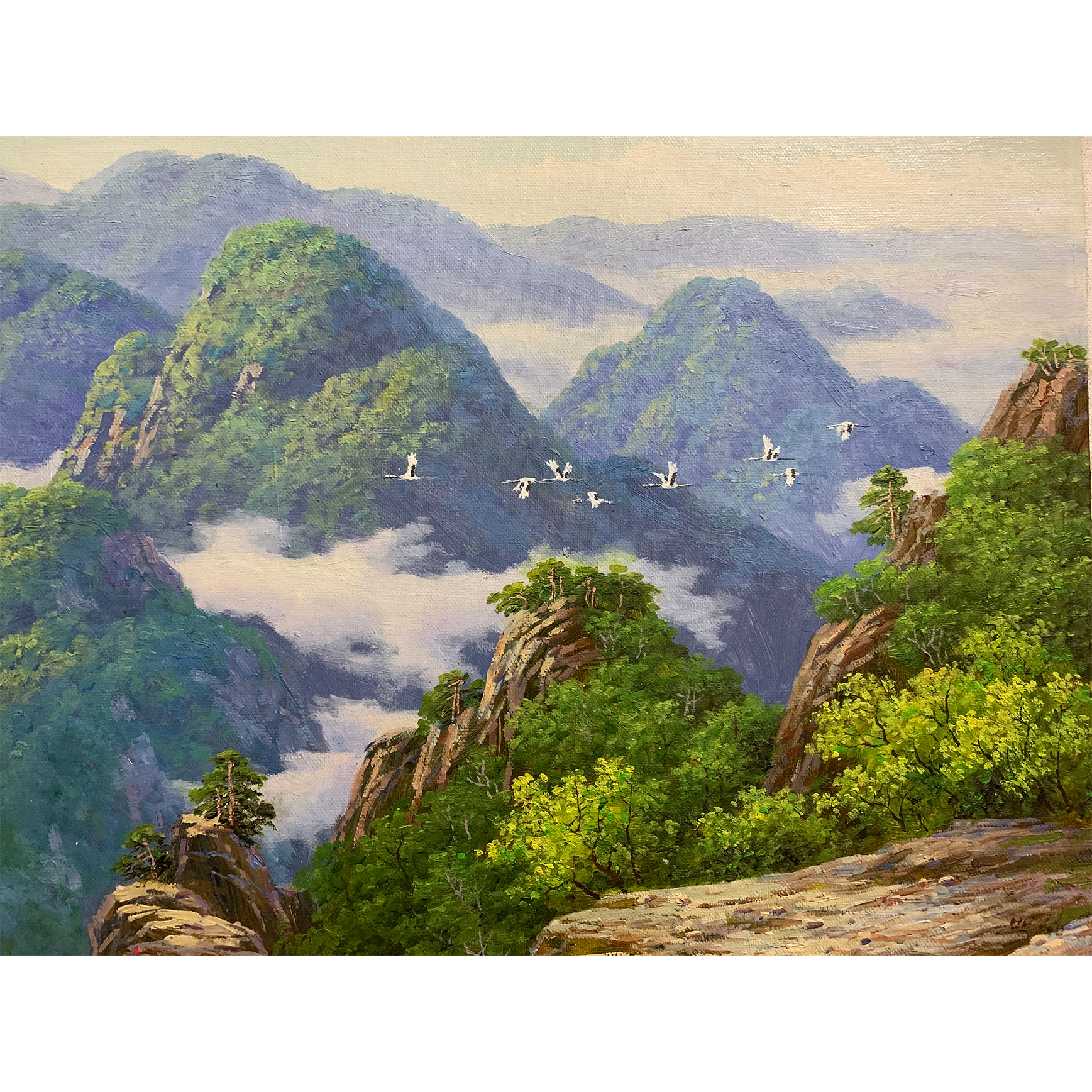 朝鲜风景油画白成山谷的清晨