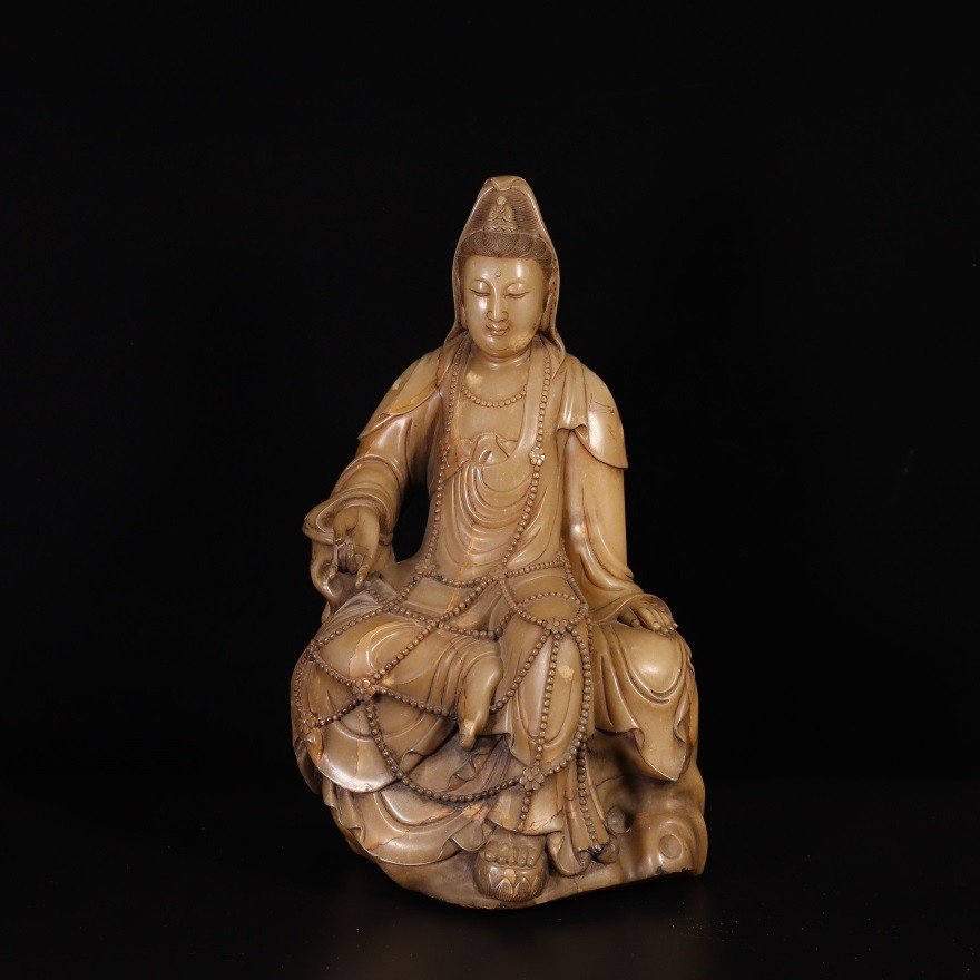 軍派遣寿山芙蓉石彫◆「 清◆ 自在觀音坐像 ◆ 箱付 」極細工 唐物 中国美術 文房 古玩 仏像
